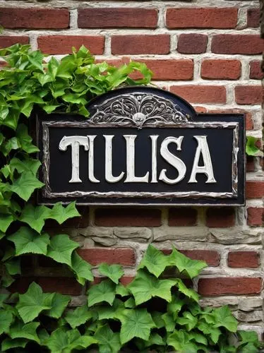 Rustic architectural sign, wooden texture, distressed finish, bold font, "Tulsa" written in capital letters, decorative iron brackets, mounted on a stone or brick wall, surrounded by lush greenery, vi