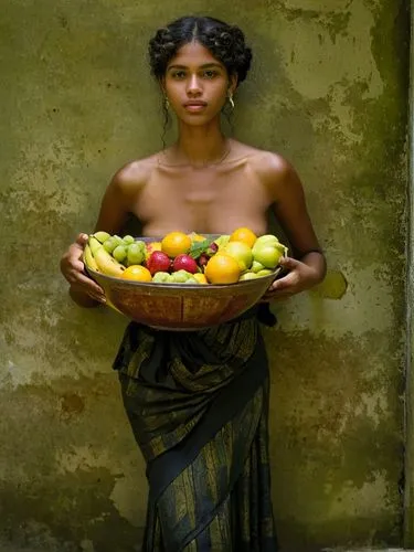 My most beautiful and young Creole hostess came up to me with a bowl of the most delicious fruit and beamed at me lovingly.,a woman in a dress is holding a bowl of fruit,mccurry,indian woman,peruvian 