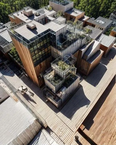 Building,Nordic Organic Modernism,Nordic Functionalism,Bauhaus,Sustainable Innovation, Greenary on roofs and balconies, wooden structure, transparent windows,this building features many plants growing