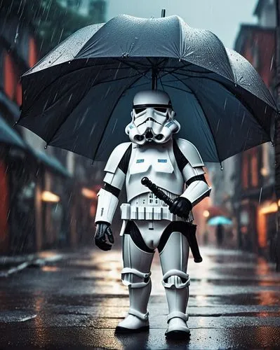 stormtrooper,storm troops,protection from rain,rain protection,man with umbrella,raincoat,rain suit,walking in the rain,silver rain,star wars,raindops,brolly,darth wader,starwars,rain stoppers,imperial,rainy day,droids,heavy rain,in the rain