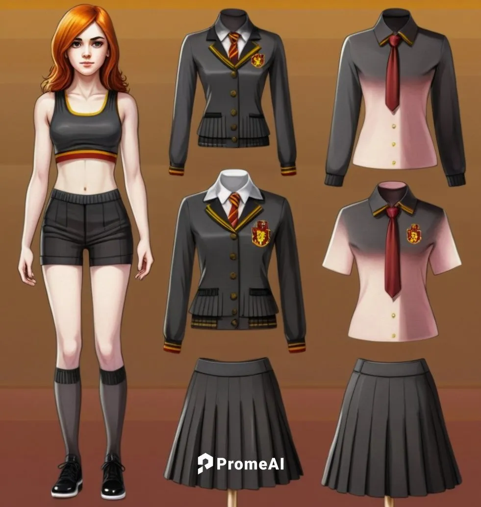 Paper doll 2d cartoon Hogwarts 16 year old schoolgirl in black sleeveless shirt ,black extra slim tight fit spandex short shorts with black long sock and black shoe standing surrounded by with a set o