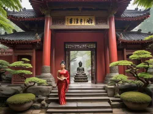 Ancient Buddhist temple, intricately carved wooden doors, vibrant red walls, golden roof tiles, curved eaves, ornate pillars, lanterns hanging from ceiling, peaceful Buddha statue, serene facial expre