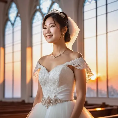 Generate a  image of a Japanese bride walks in the white church and feels happy. The colors of the sunrise shine through the glass windows of the church. bokeh,sun bride,yunjin,bridal dress,wedding ph