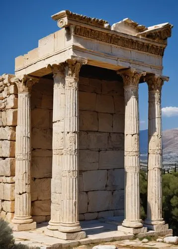 Entablature, ancient Greek architecture, stone structure, ornate carvings, Doric columns, frieze with triglyphs, metopes, pediment, acroterion, detailed stonework, weathered exterior, natural lighting