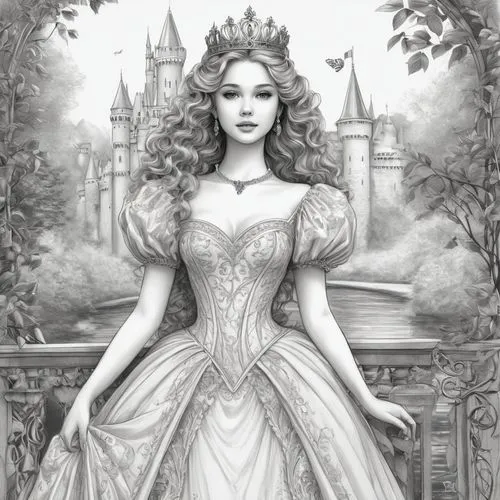 peignoir,fairy tale character,noblewoman,white rose snow queen,princess sofia,fairest,Illustration,Black and White,Black and White 30