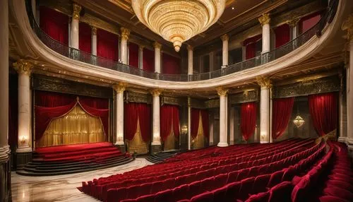 Lyric architecture, grand concert hall, ornate details, golden chandeliers, red velvet curtains, intricate stone carvings, sweeping staircases, majestic pillars, soft warm lighting, 3/4 composition, l