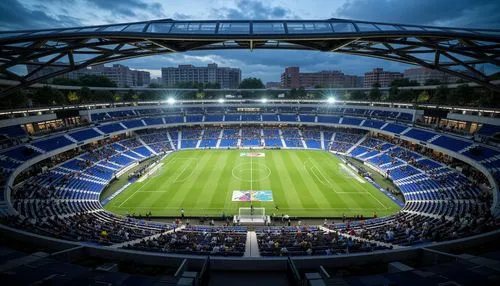 Sleek soccer stadium, modernist architecture, curved lines, dynamic shapes, cantilevered roofs, transparent glass facades, metallic cladding, bold color schemes, geometric patterns, asymmetrical compo