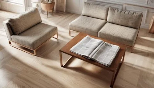 light oak table top with newspapers and glass of water,danish furniture,natuzzi,ekornes,hardwood floors,parquetry,rovere,minotti,coffee table,seating furniture,vitra,folding table,laminated wood,floor