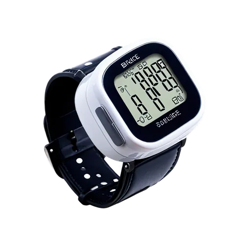 Blood pressure monitor, digital screen, white background, rounded edges, soft buttons, silver accents, leather strap, adjustable cuff, inflation bulb, precise numbers, morning light, 3/4 composition, 