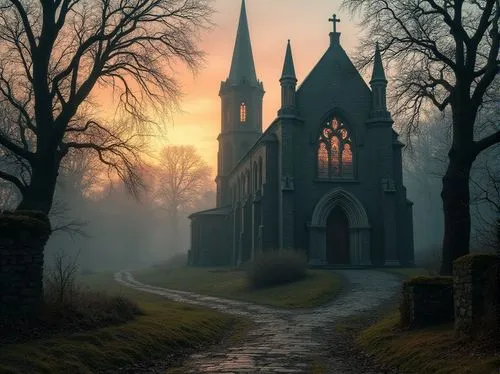 haunted cathedral,gothic church,gothic,black church,gothic style,the black church,ravenloft,foggy landscape,chapels,little church,fredric church,ecclesiastic,stave church,cathedral,wooden church,neogothic,witch's house,witch house,dark gothic mood,church painting,Photography,General,Realistic