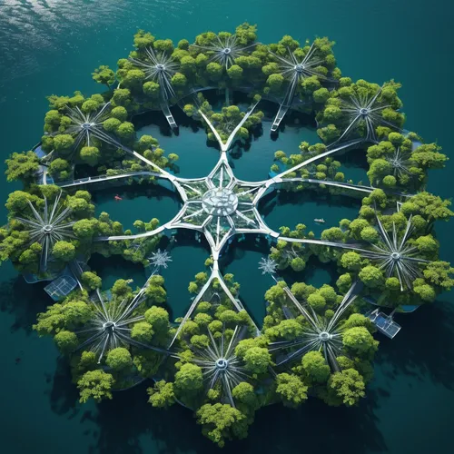 artificial island,artificial islands,floating islands,island suspended,floating island,mushroom island,very large floating structure,uninhabited island,solar cell base,islet,aquaculture,diamond lagoon,offshore wind park,underwater oasis,environmental art,mandala framework,coral reef,green island,fish farm,flying island,Conceptual Art,Sci-Fi,Sci-Fi 05