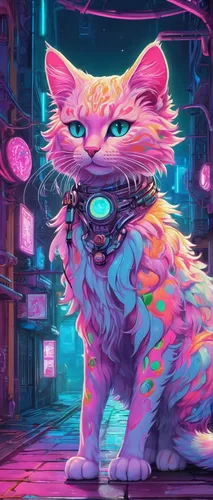 In a futuristic dystopian setting, describe a cyber kitty with glowing neon fur camouflaging itself in the dark alleys.,pink cat,cyberpunk,street cat,neon coffee,cheshire,cat,stray cat,feline,cat's ca