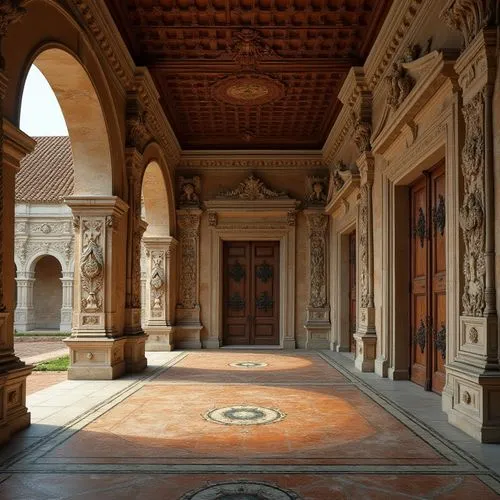 Renaissance-style palace, ornate stone carvings, rustic brick walls, terracotta roof tiles, weathered wooden doors, intricate ironwork, ornamental metal fixtures, grand marble columns, lavish fresco c