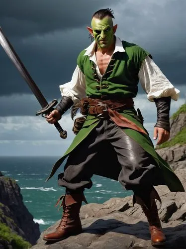 Male goblin, swashbuckler, muscular build, menacing grin, pointed ears, green skin, scar above left eyebrow, pirate eye patch, bandana on forehead, worn leather boots, torn pants, oversized white shir