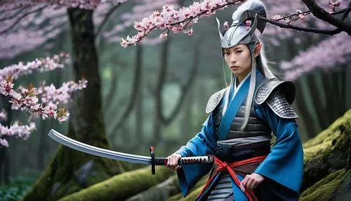 Elf samurai, solo, (25yo), slender build, pointed ears, blue eyes, long silver hair, ponytail, traditional Japanese armor, kabuto helmet, katana sword, obi belt, geta sandals, cherry blossom branch, m