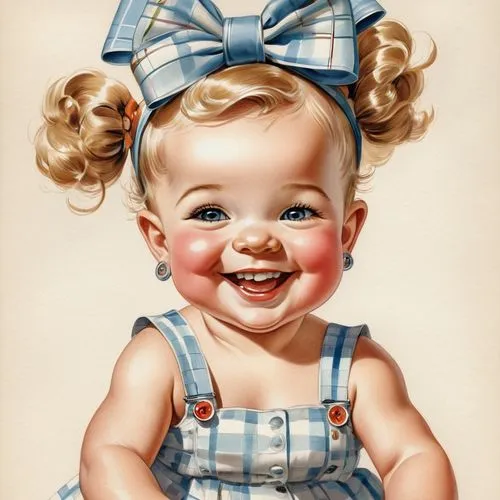 A colorful drawing in the style of the 1950s of a joyful baby girl with an expressive, beaming smile and sparkling eyes that convey innocence and happiness. She wears a large plaid bow on her head, ha