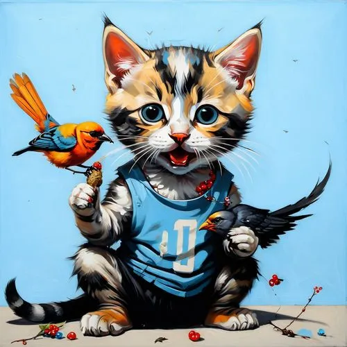 cat on a blue background,grafite,cat sparrow,oktoberfest cats,kittner,cartoon cat,Illustration,Realistic Fantasy,Realistic Fantasy 24