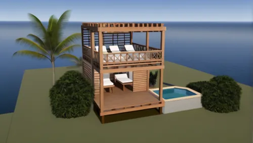 3d rendering,lifeguard tower,stilt house,decking,floating huts,inverted cottage,wooden decking,cube stilt houses,stilt houses,pool house,beach house,tropical house,holiday villa,summer house,wood deck