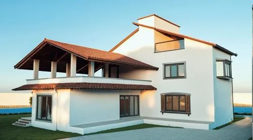 an exterior s of a modern house with a brown roof,varkala,3d rendering,vastu,homebuilding,inmobiliaria,holiday villa,Photography,General,Realistic