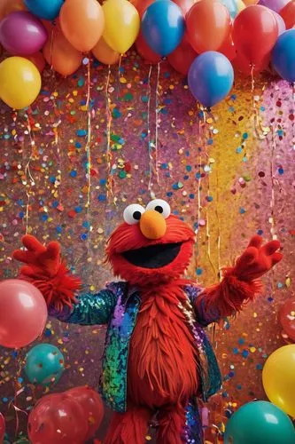 Elmo, colorful drips, glossy skin, bright red fur, big round eyes, shiny nose, smiling face, arms up, hands together, rainbow-colored outfit, glittery accessories, sparkly background, confetti, balloo