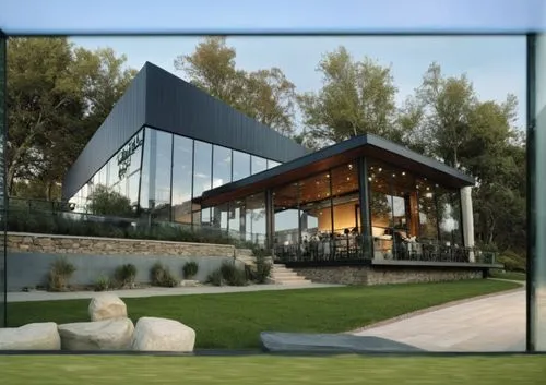 DISEÑO EXTERIOR DE UN RESTAURANT PARA UNA NAVE INDUSTRIAL, TERRAZAS CON MUROS DE PIEDRA, PERSONAS,CESPED, VENTANALES DE CRISTAL AMPLIOS, VISTAS PANORAMICAS, VEGETACION EXUBERANTE,a large glass buildin