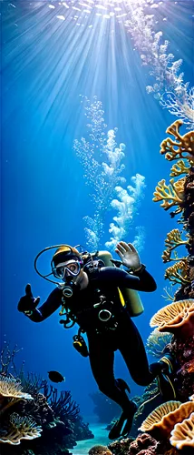 Underwater scene, coral reef, school of fish, shimmering scales, ocean plants, seaweed, scuba diver, oxygen tank, diving suit, flippers, underwater camera, bright blue water, sunlight filtering down, 