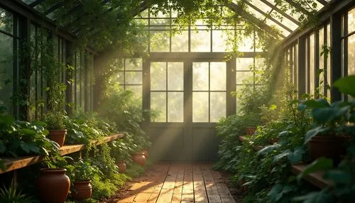 Natural ambiance, greenhouse interior, lush green plants, vines crawling up walls, large windows, abundant sunlight, warm gentle rays, soft diffused lighting, dew droplets on leaves, misty atmosphere,