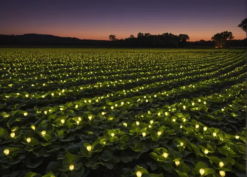 Write a heartwarming story about a soybean farmer and their bountiful harvest.,fireflies,vegetables landscape,tea-lights,vegetable field,landscape lighting,luminous garland,lotus plants,green soybeans