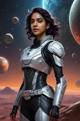 Create a sci-fi adventure where Ritu Varma explores distant planets in search of a new home for humanity.,jaya,sci fiction illustration,kamini,yogananda,andromeda,shepard,space-suit,neottia nidus-avis