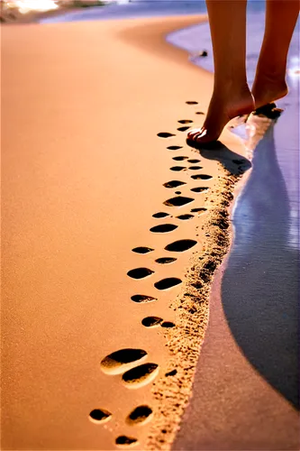 Footprints, beach scene, solo, deep impression, toes pointing slightly outward, heels digging in, curved shape, gentle slope, soft golden sand, morning light, shallow depth of field, warm color tone, 