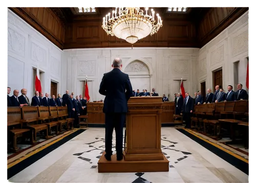 parliament building, legislative chamber, grand interior, high ceiling, ornate chandelier, marble floor, wooden desks, leather chairs, suited politicians, formal attire, serious facial expressions, ga