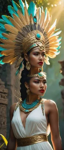 Aztec goddess Itzpapalotl, standing, powerful posture, golden feathered headdress, intricate turquoise jewelry, dark skin, bold eyebrows, red lip color, flowing white gown with golden embroidery, laye