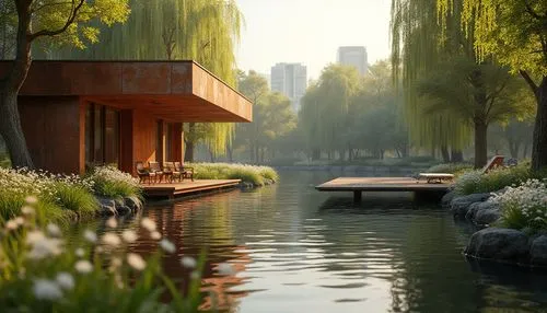 Copper material, riverbank designs, modern architecture, sleek lines, reflective surfaces, rusty patina, natural blending, tranquil atmosphere, scenic riverside, lush greenery, weeping willows, bloomi