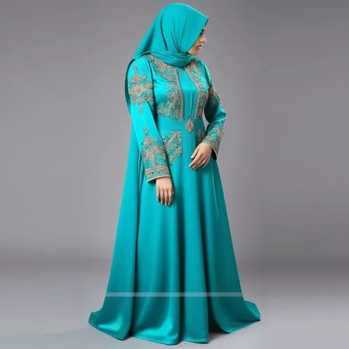 3d fashion drawing long maxi dress for Muslim hejab with turquoise green and dark turquoise green embroidery ,the turquoise muslim dress with a gold embroidered design on it,abaya,abayas,tahiliani,kur