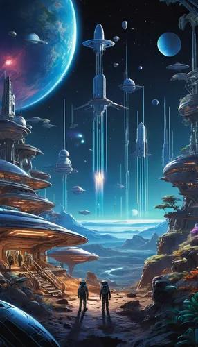 futuristic landscape,sci fiction illustration,alien world,scifi,alien planet,fantasy landscape,sci fi,sci-fi,sci - fi,cg artwork,space art,space port,science fiction,space ships,fantasy city,terraforming,exoplanet,sky space concept,spacescraft,utopian,Unique,Design,Blueprint