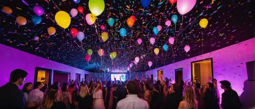 Liminal space, birthday party, colorful balloons, streamers, confetti, pastel colored walls, neon lights, futuristic decorations, a massive cake with candles, presents wrapped in shiny paper, friends 