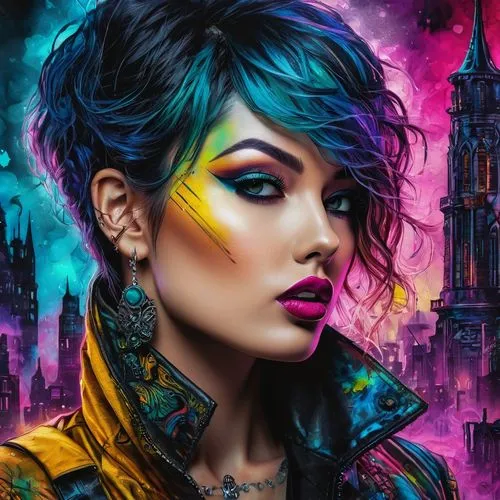 Stunning alcohol inks and pen sketch masterpiece, bright colors, German femme fatale as Lisa with a smoky stare modern tattoopunk. She is sticking out her tongue,fantasy portrait,fantasy art,colorful 