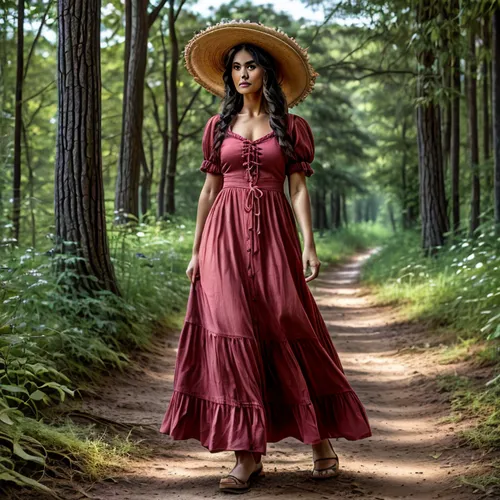 con flores en el sombrero y en el vestido,girl in a long dress,country dress,long dress,woman walking,farmer in the woods,vintage woman,vintage dress,southern belle,vietnamese woman,the hat of the wom