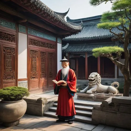 Ancient Chinese architecture, traditional wooden structure, intricately carved doors, majestic stone lions, ornate roof tiles, curved eaves, grand courtyard, serene water feature, lush greenery, old w