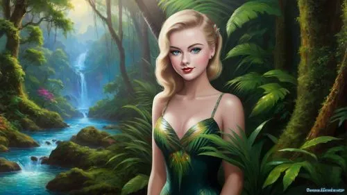 Romantic masterpiece oil painting, beautiful girl portrait, nostalgic 1950's style kitsch, vibrant rainforest landscape, lush tropical jungle paradise, beautiful natural scenery, lost wilderness, by T