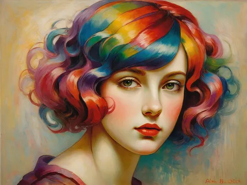 girl portrait,portrait of a girl,watercolor women accessory,colorful heart,fantasy portrait,artist color,mystical portrait of a girl,red-haired,young woman,woman portrait,painter doll,colorful bleter,colorful spiral,italian painter,pop art colors,rainbow colors,psychedelic art,artist portrait,oil painting,oil painting on canvas,Art,Classical Oil Painting,Classical Oil Painting 11