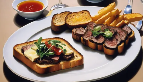 Describe a luxurious dinner party with beef steak toast as the main course.,beef steak toast,open sandwich,grilled bread,steak frites,kawaii food,grilled food,french food,food styling,beef grilled,foo