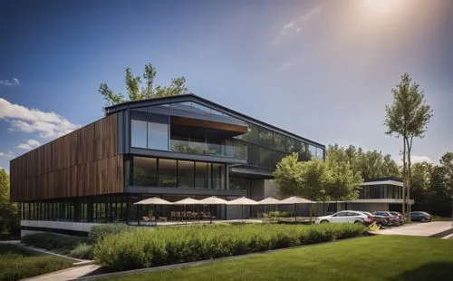 realistic commercial building, with offices and market place on ground, black metal structure, with green roof, surrounding vegetation and interlocking floor. raw image,modern house,timber house,moder