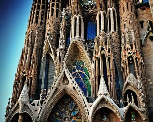 Sagrada Familia architecture style, Antoni Gaudí, Gothic quarter, Barcelona, Spain, intricate stone carvings, ornate facades, twisting columns, vibrant stained glass windows, grand entrance, dramatic 