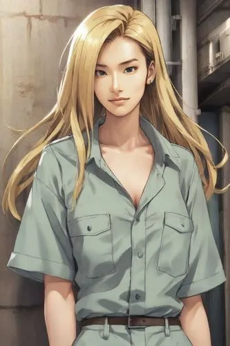  Heavy makeup, messy dyed hair, angular cheekbones, small eyes, thin lips, low nose, upper body,a person in a uniform with long hair,saionji,millia,sakamaki,female doctor,kaede,inmate,Digital Art,Anim