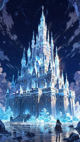 Cloud moving,stars twinkling, reflection moving, snowfall, rest of the landscape stay still 
,ice castle,knight's castle,fairy tale castle,icewind,winter house,snow house,snowhotel,fantasy city,fantas