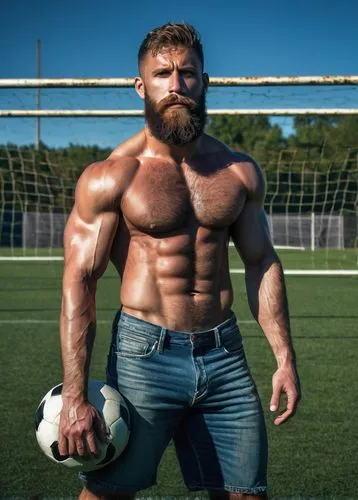 Muscular man, athletic build, rugged beard, messy short hair, intense gaze, sweaty chest, strong arms, ripped jeans, rugged boots, holding a soccer ball, standing on a football field, green grass, goa