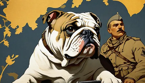 Write a historical fiction where a bulldog accompanies a soldier during World War II.,british bulldogs,american mastiff,australian bulldog,white english bulldog,old english bulldog,german empire,teddy