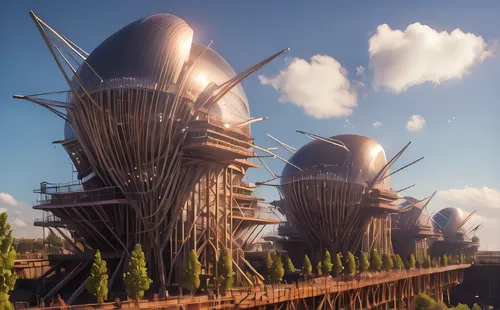 airships,futuroscope,futuristic landscape,futuristic architecture,ecotopia,arcology,cube stilt houses,scandia gnomes,cryengine,stilt houses,airship,arenanet,biospheres,spaceports,skyreach,ringworld,sp