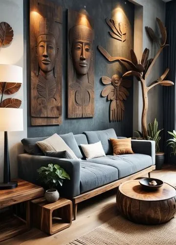 The dimensions and placement of the furniture in the room will remain constant. Large relief sculptures on the wall add a strong ethnic atmosphere to the space. These figures in dark wood or stone app